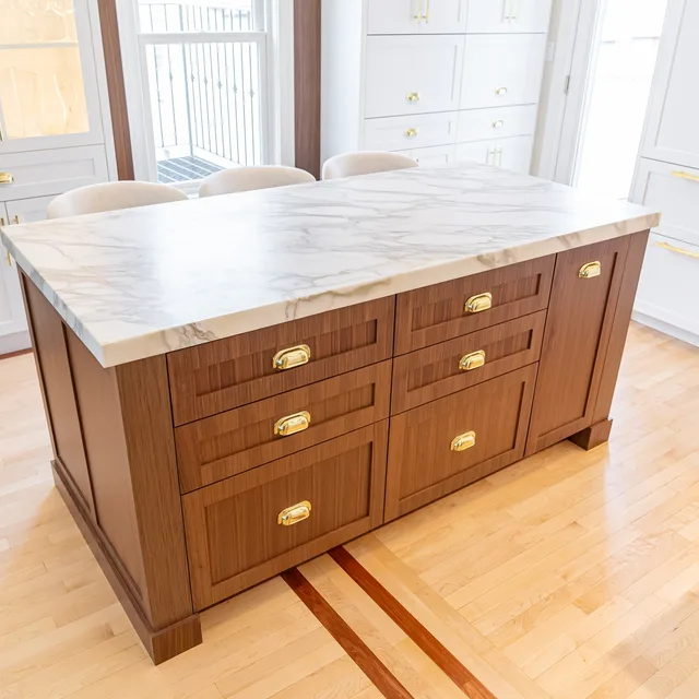 Custom walnut island & inlaid floor